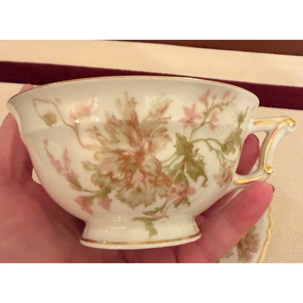 Vintage Haviland Limoges Poppy Porcelain Footed Teacup and Saucer Set Gold Trim